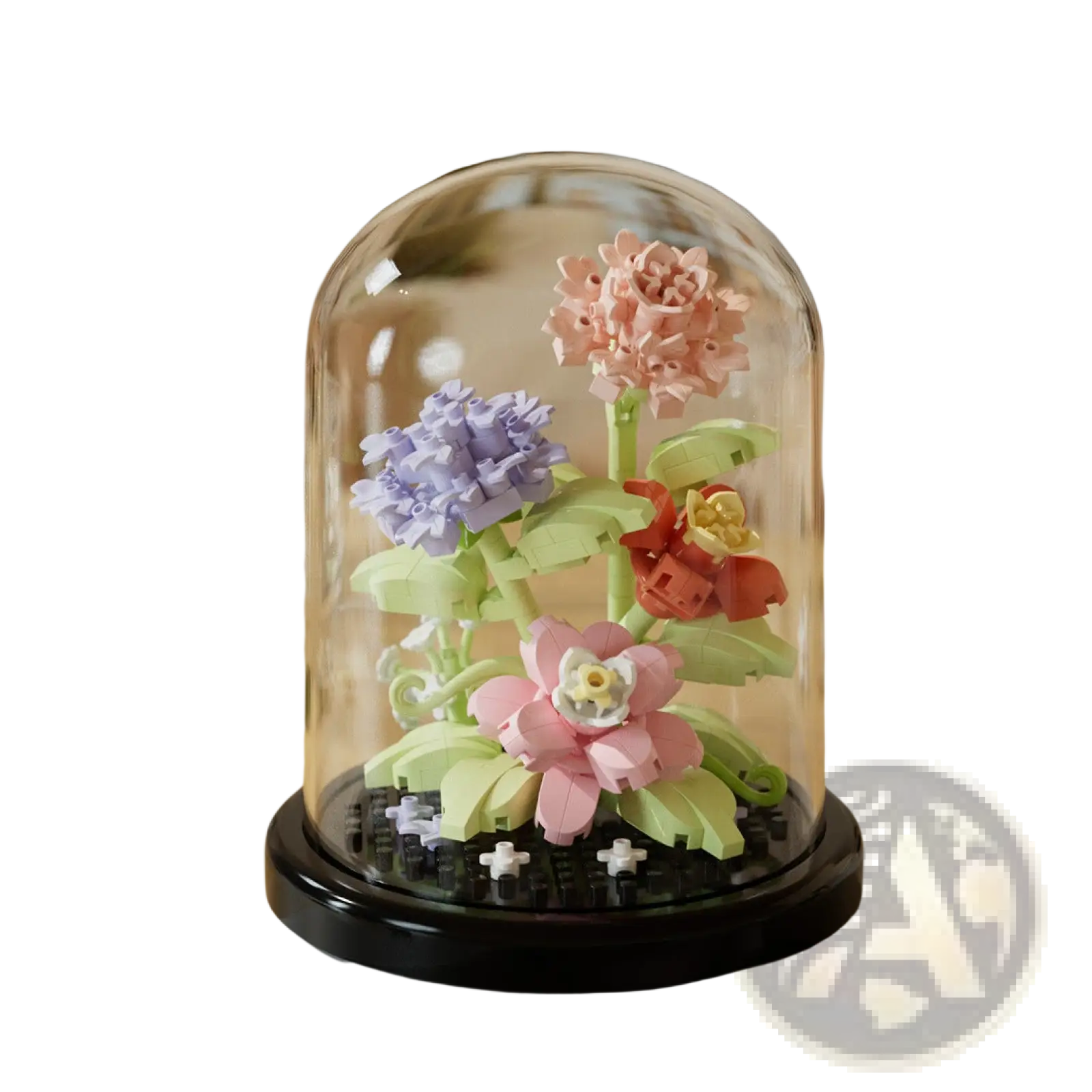 A colorful lego floral arrangement displayed under a clear glass dome in a flower building blocks display case