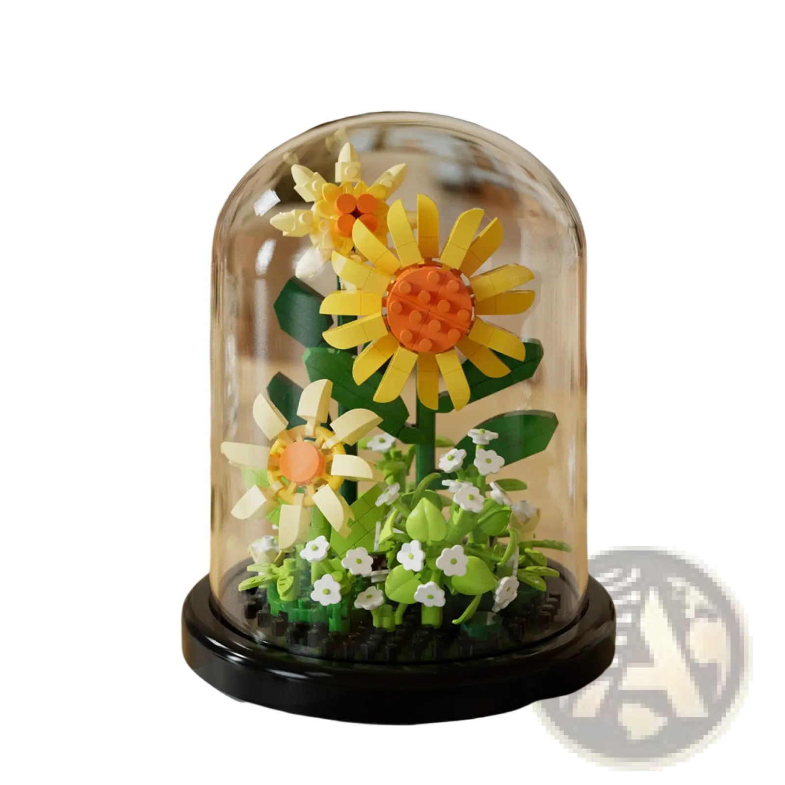 A vibrant lego flower arrangement with yellow sunflowers and white blossoms under a clear glass dome display case