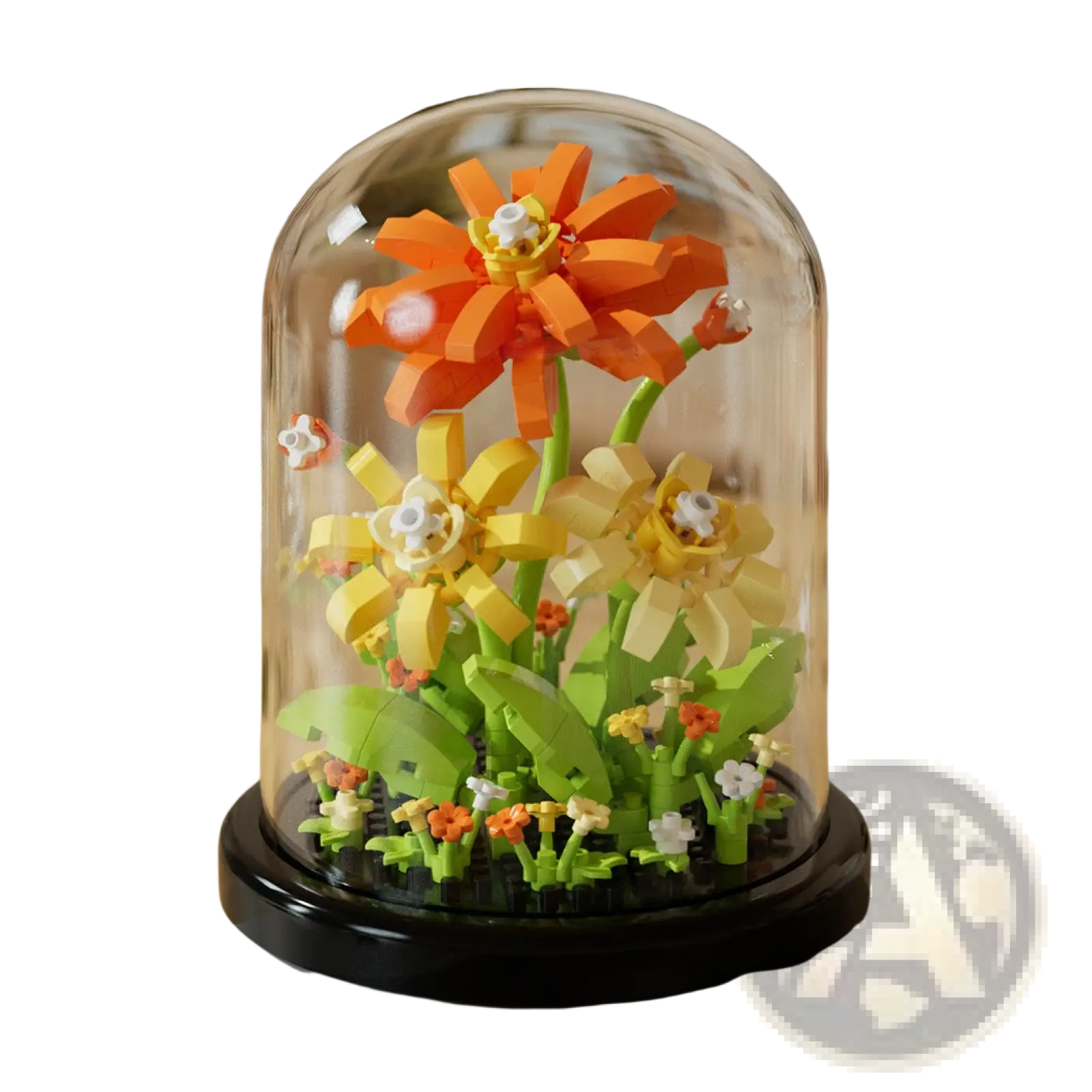 A vibrant lego flower arrangement with orange and yellow blossoms under a clear glass dome display case