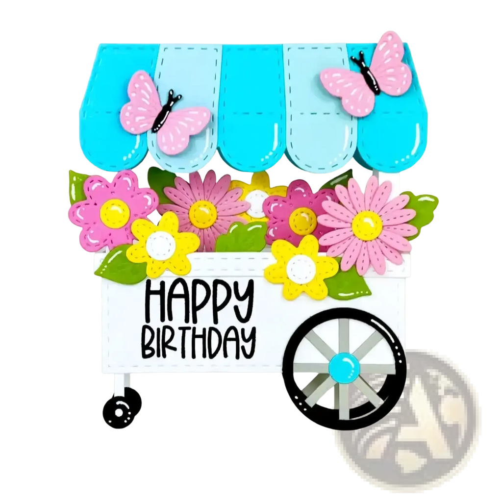 A cheerful white metal flower cart decorated with colorful paper flowers and pink butterflies for diy crafts