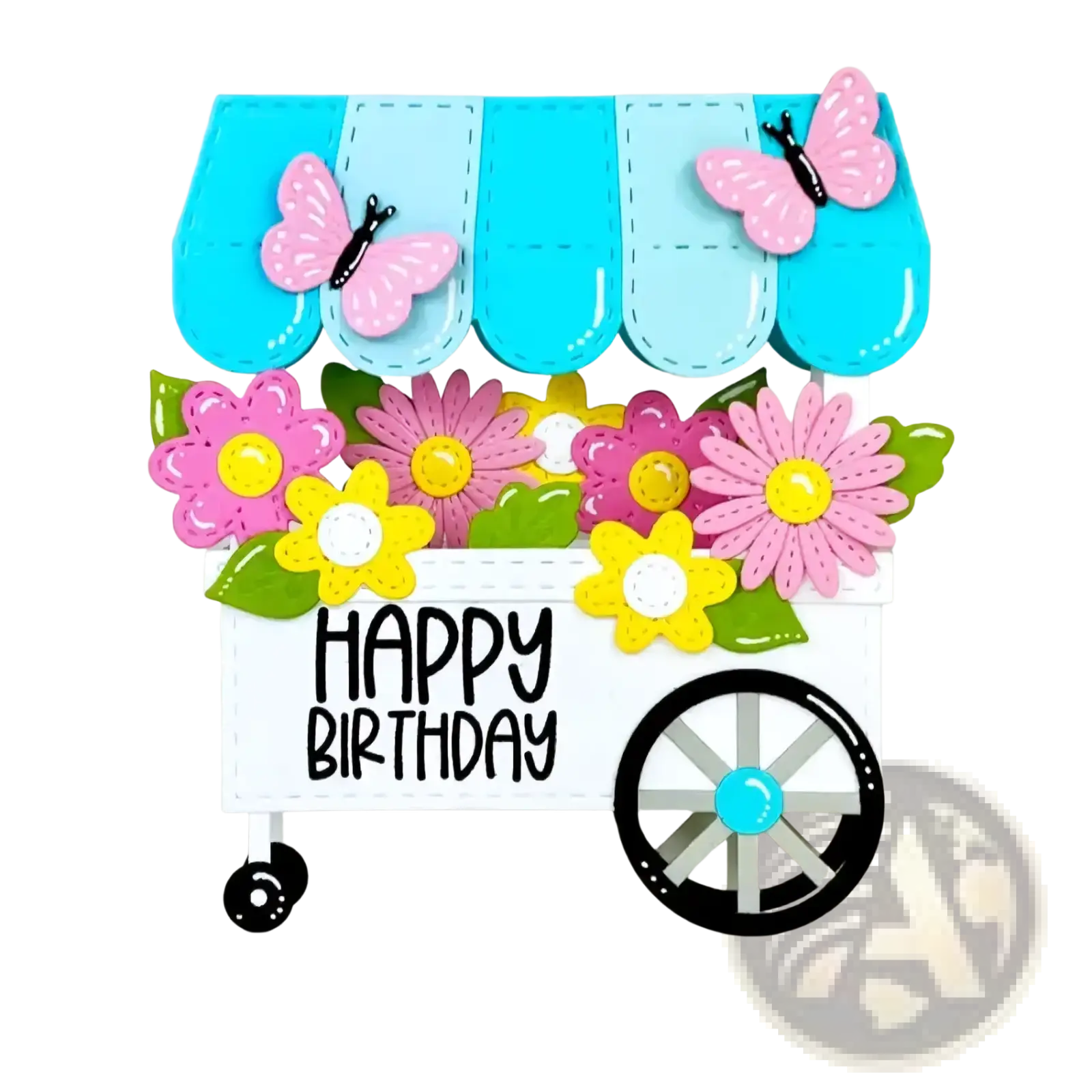 A cheerful white metal flower cart decorated with colorful paper flowers and pink butterflies for diy crafts
