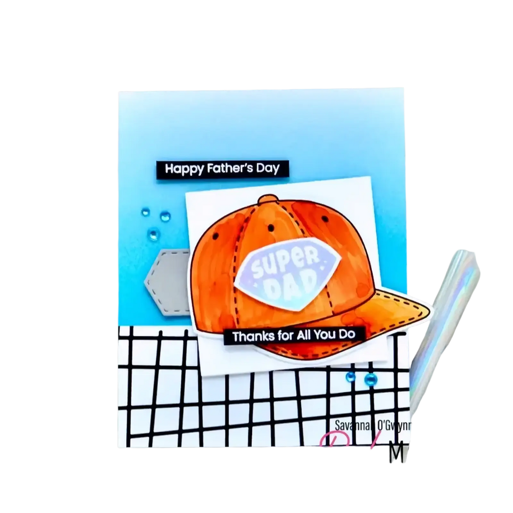 Orange baseball cap with super dad printed on light blue patch featured in flower cart metal cutting dies for diy crafts
