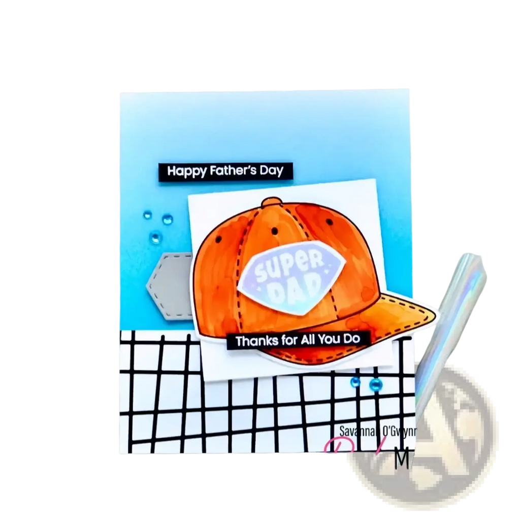Orange baseball cap with super dad printed on light blue patch featured in flower cart metal cutting dies for diy crafts