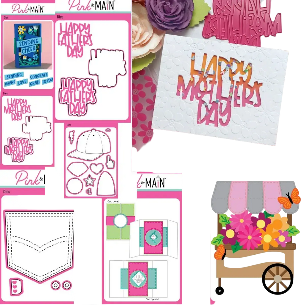 Pink and main happy mothers day die-cut card with layered glittery pink lettering on textured white background for diy crafts