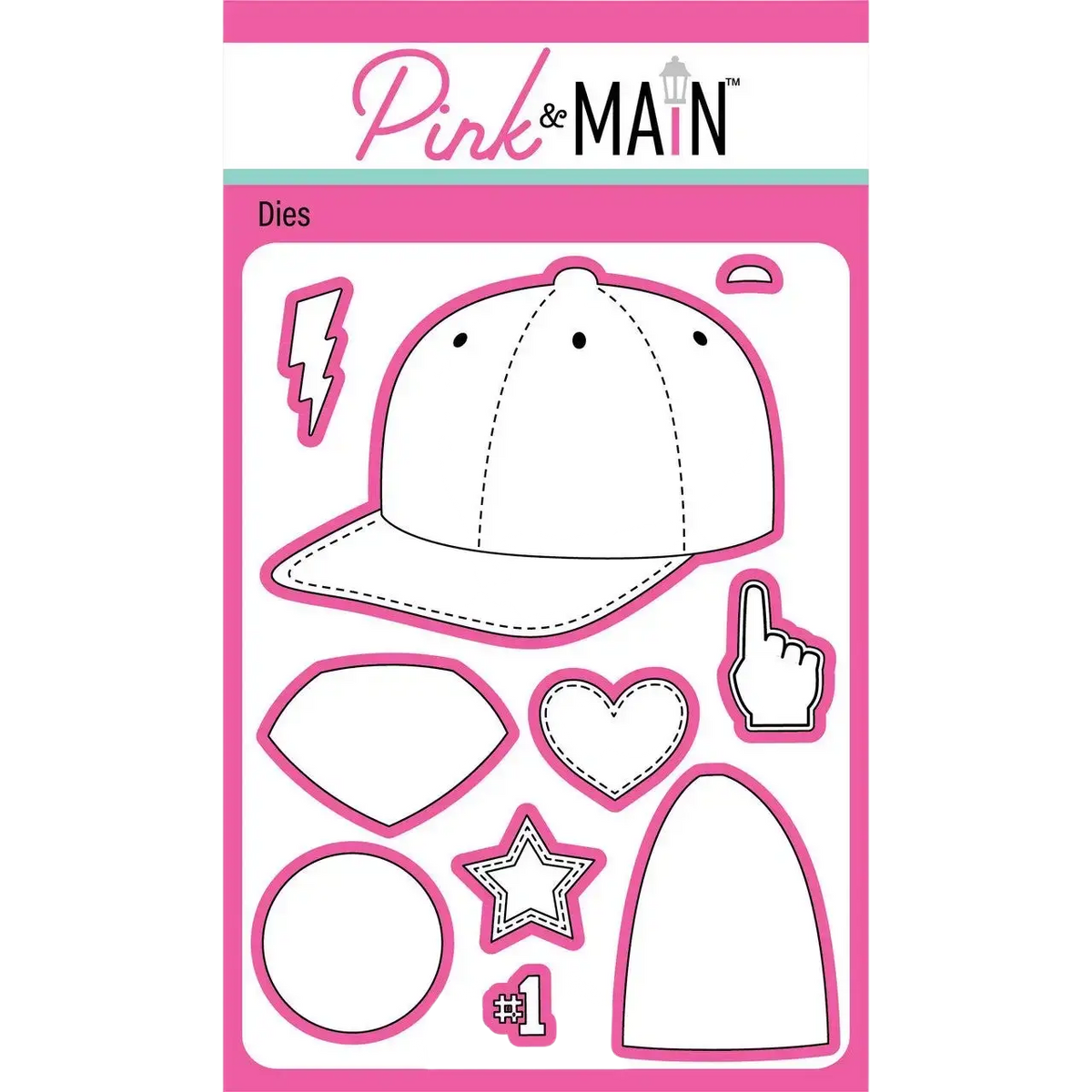 Pink and main flower cart metal cutting dies featuring a white baseball cap outline with pink borders and dashed stitching lines