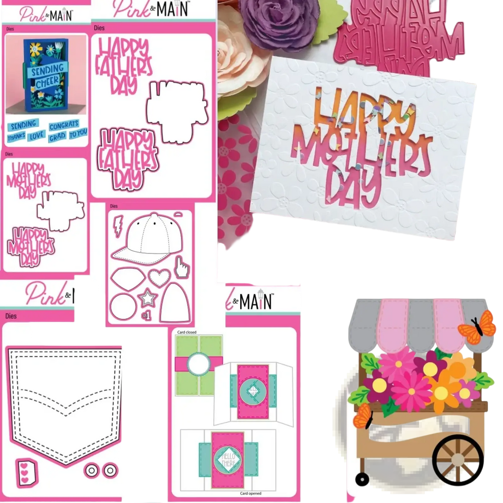 Pink and main happy mothers day die-cut card with layered glittery pink lettering on textured white background for diy crafts