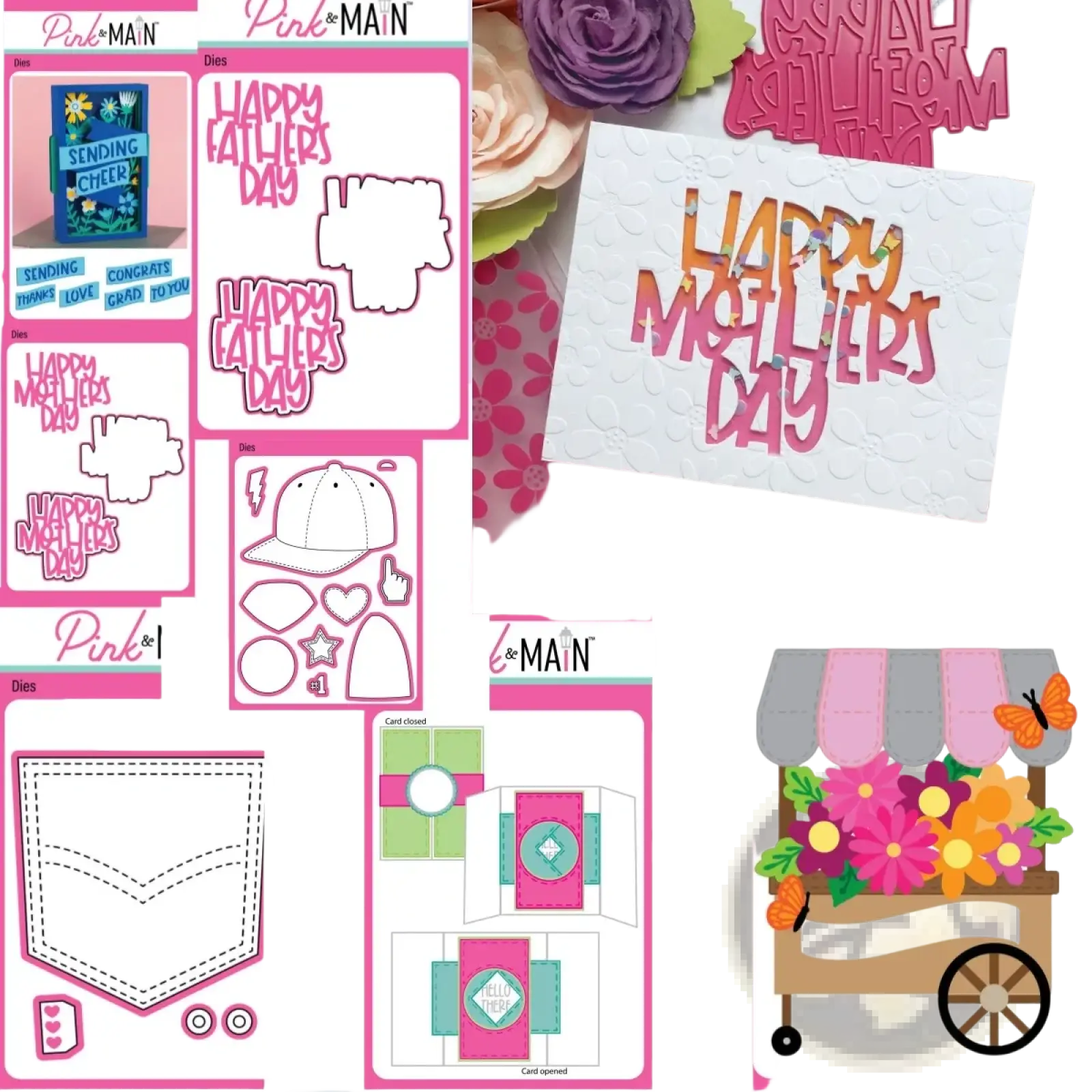 Pink and main happy mothers day die-cut card with layered glittery pink lettering on textured white background for diy crafts