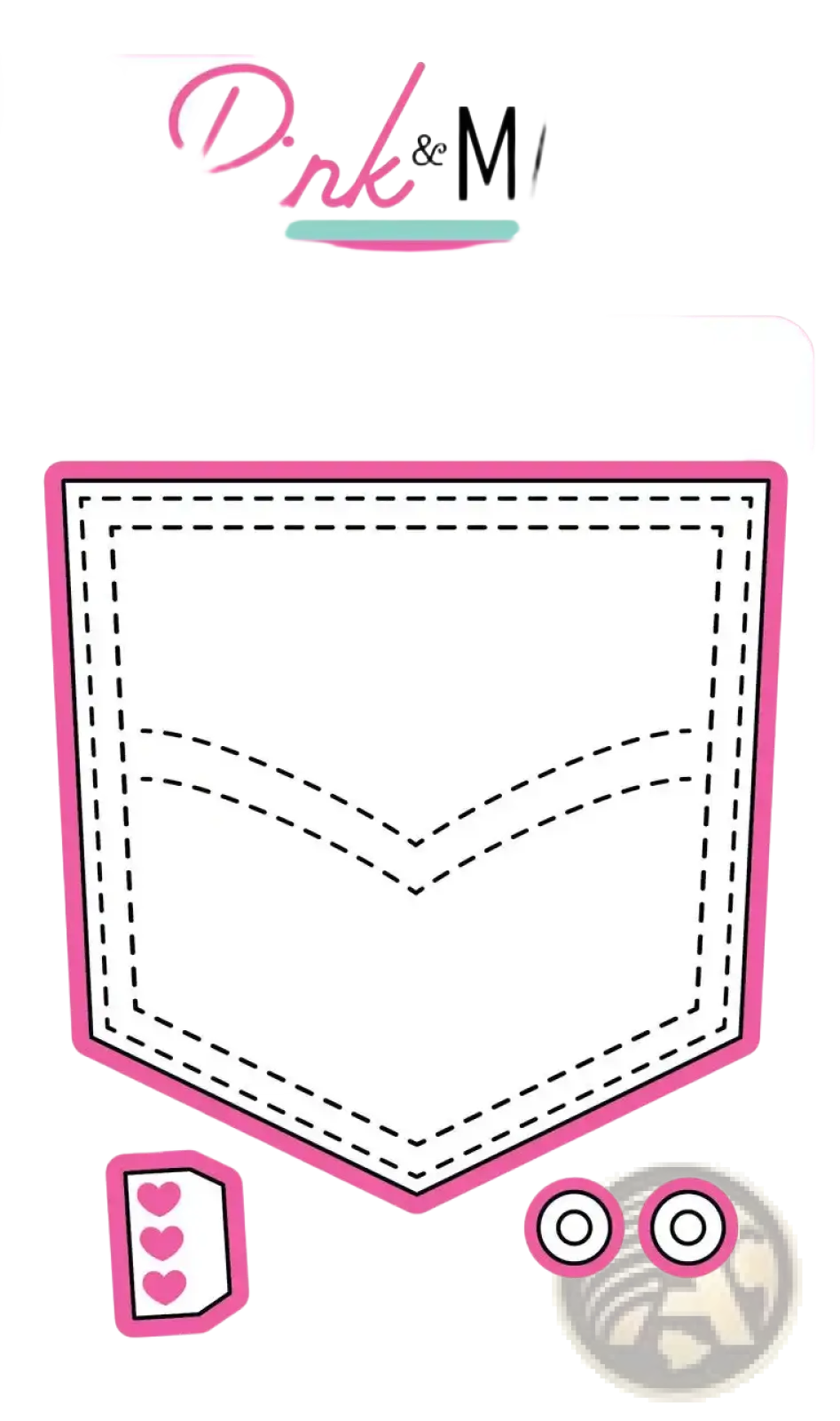 Pink and main die-cut pocket with dashed stitching lines and pink border metal cutting die for diy crafts
