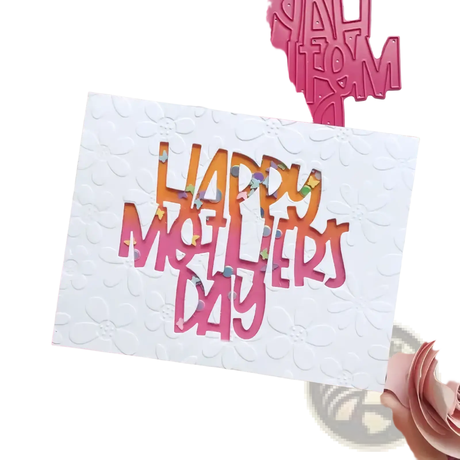 A white textured card with happy mothers day in layered pink die-cut letters filled with colorful confetti using Flower Cart metal cutting dies for diy crafts