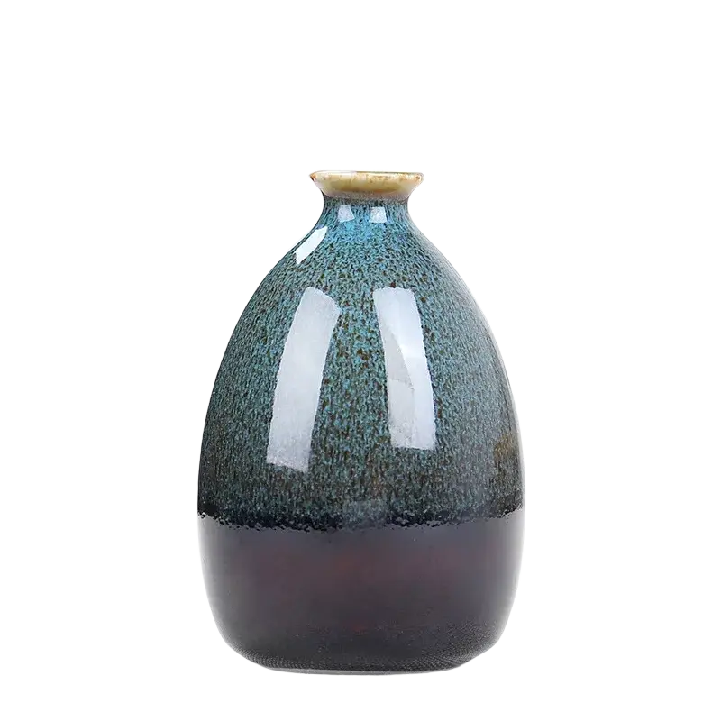 Small glossy ceramic flower glaze vase with speckled teal and dark brown glaze for home decor use