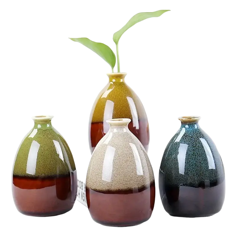Set of four flower glaze ceramic vases with glossy gradient glazes and earthy speckled finishes for home decor