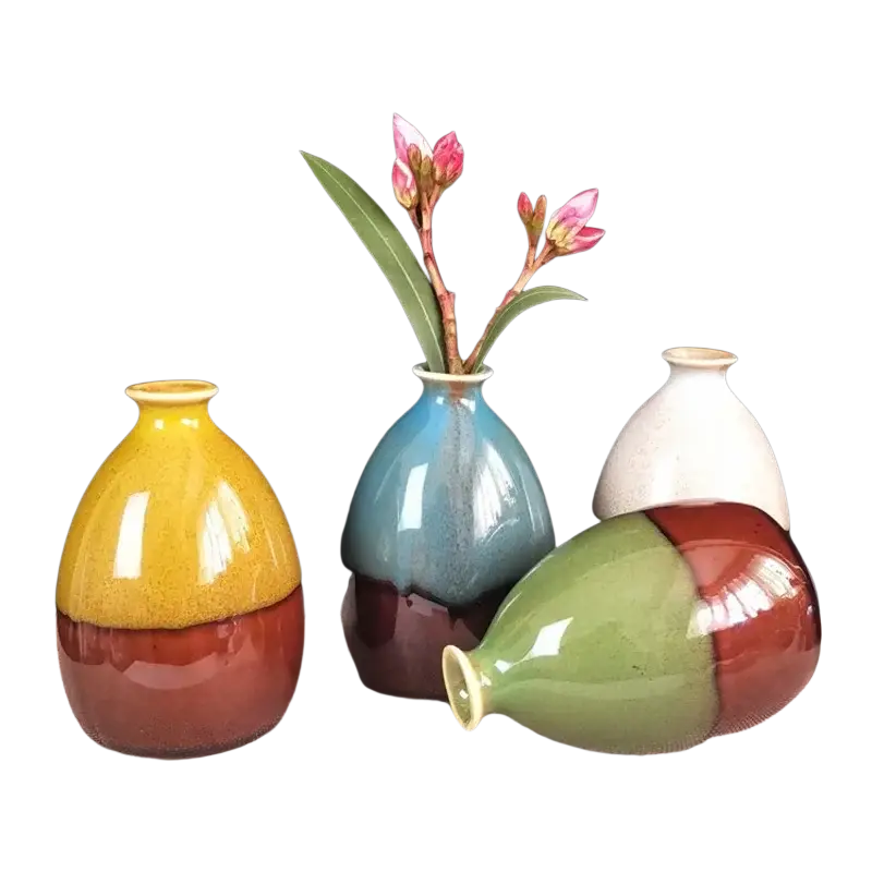 Three handcrafted flower glaze ceramic vases with glossy two-tone glazes in yellow brown, blue dark purple, and green red