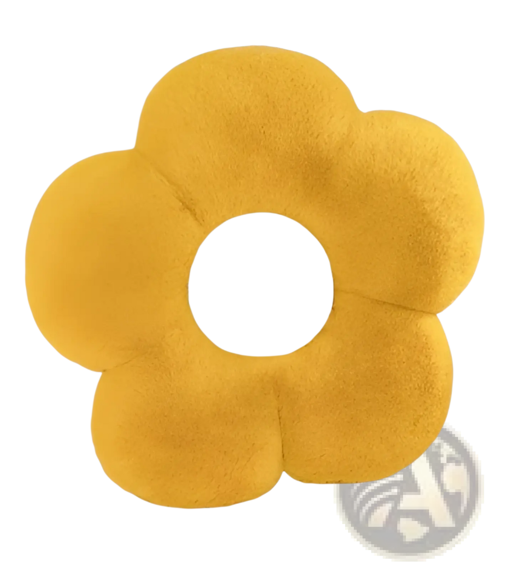 A plush bright yellow flower-shaped waist pillow with soft fuzzy texture and a white circular center 45cm sunflower cushion