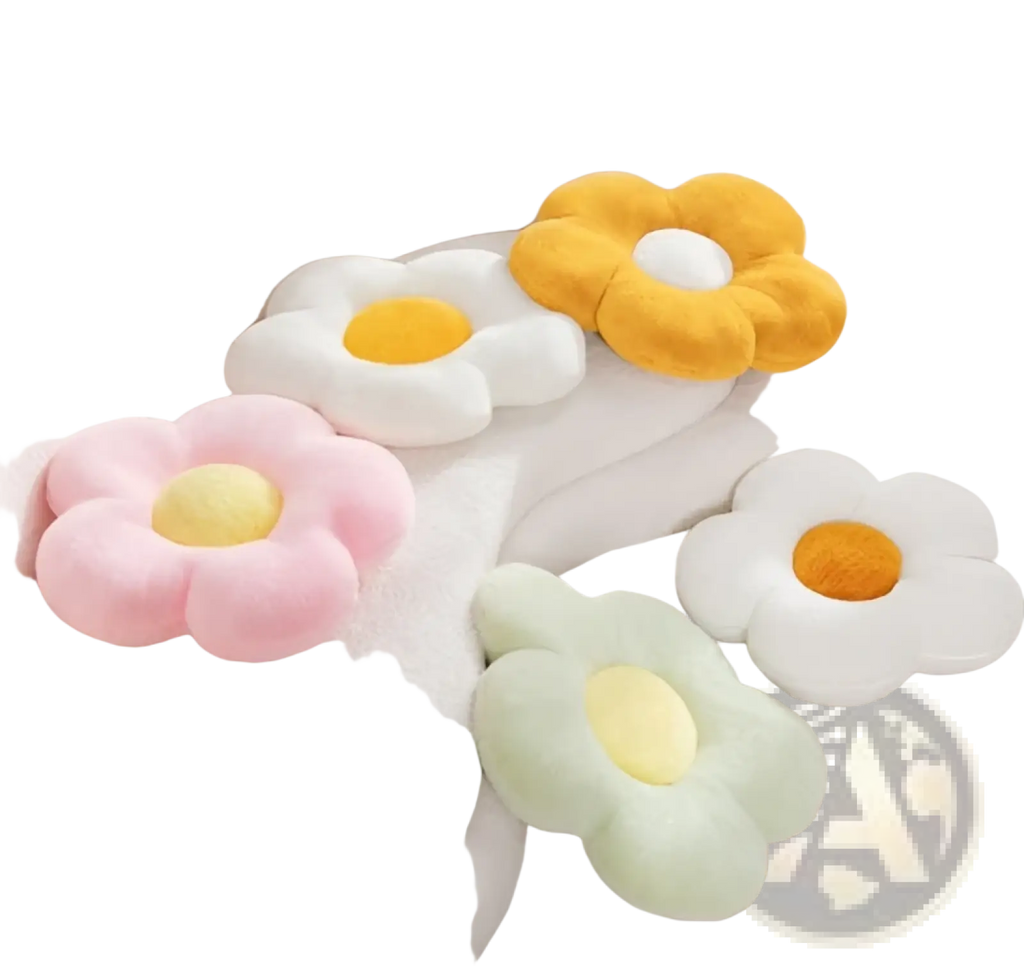 Fluffy pastel flower plush waist pillow sunflower cushion 45cm in pink yellow and mint green with soft white petals