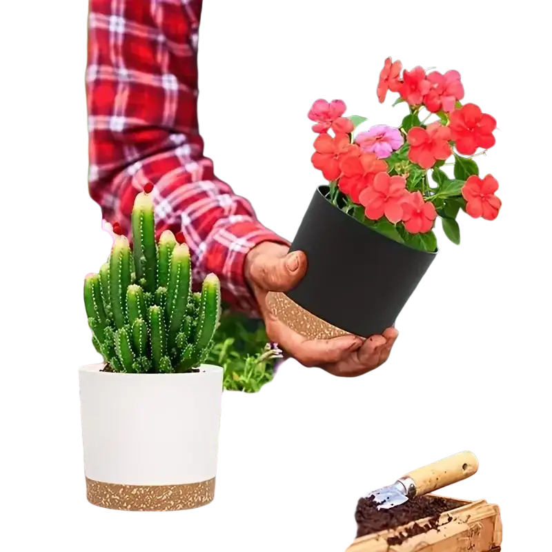 Black flower pot with speckled gold base holding vibrant red and pink flowers in modern plastic planter with drainage