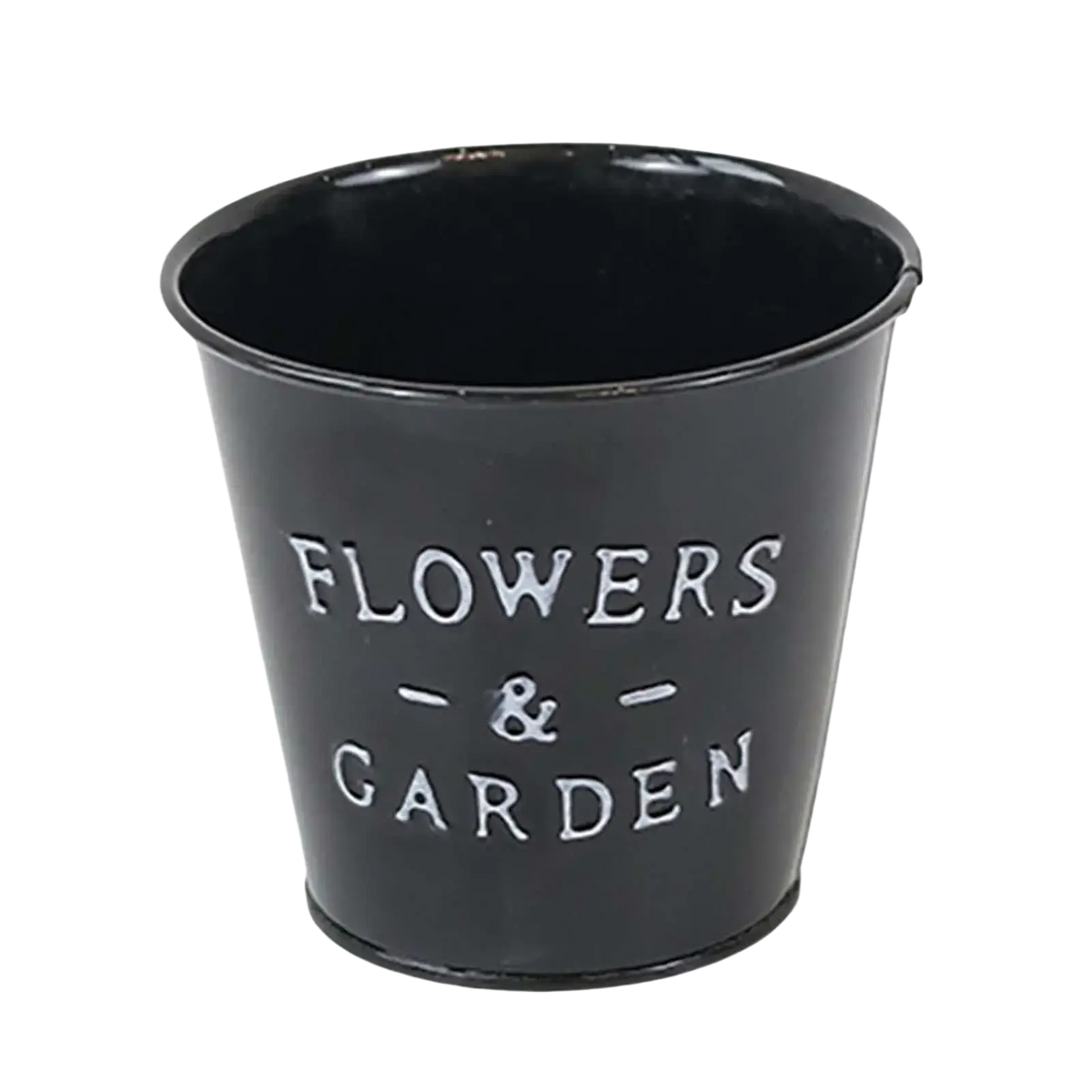 Black metal flower pot planter with flowers and garden engraved for rustic farmhouse garden plant use