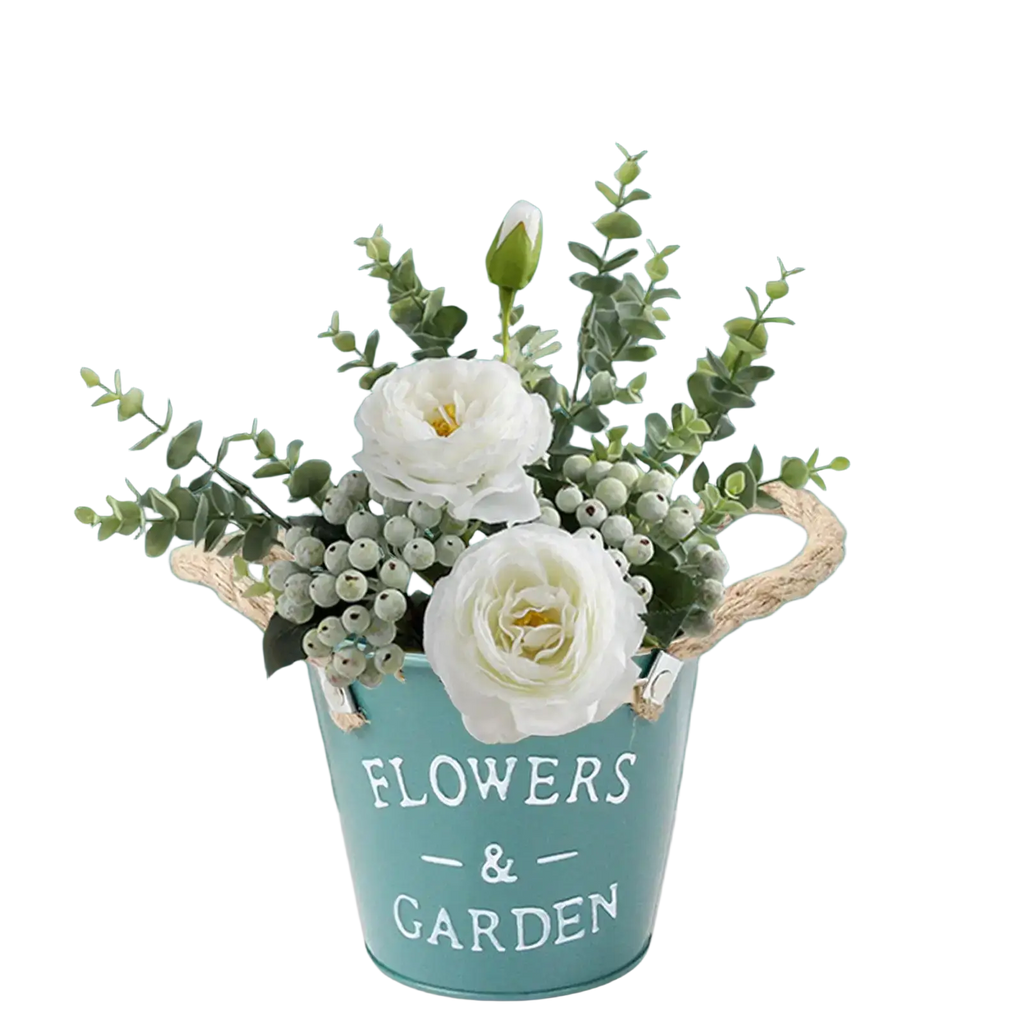 A light blue metal flower pot with woven handles and flowers and garden print filled with white artificial garden plant flowers