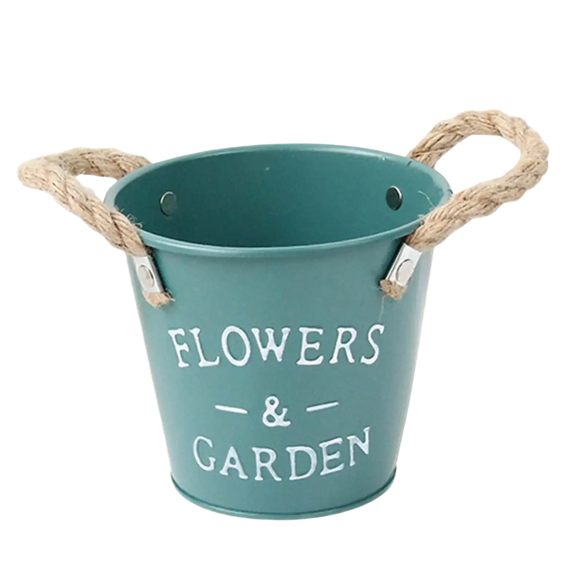 Teal metal flower pot with rope handles and flowers and garden print ideal for rustic farmhouse garden plant flower display