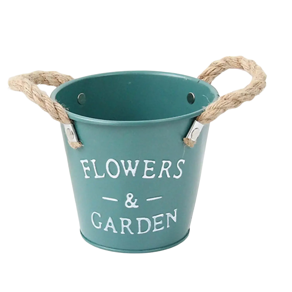 Teal metal rustic farmhouse flower pot with rope handles and flowers and garden lettering for garden plant decor