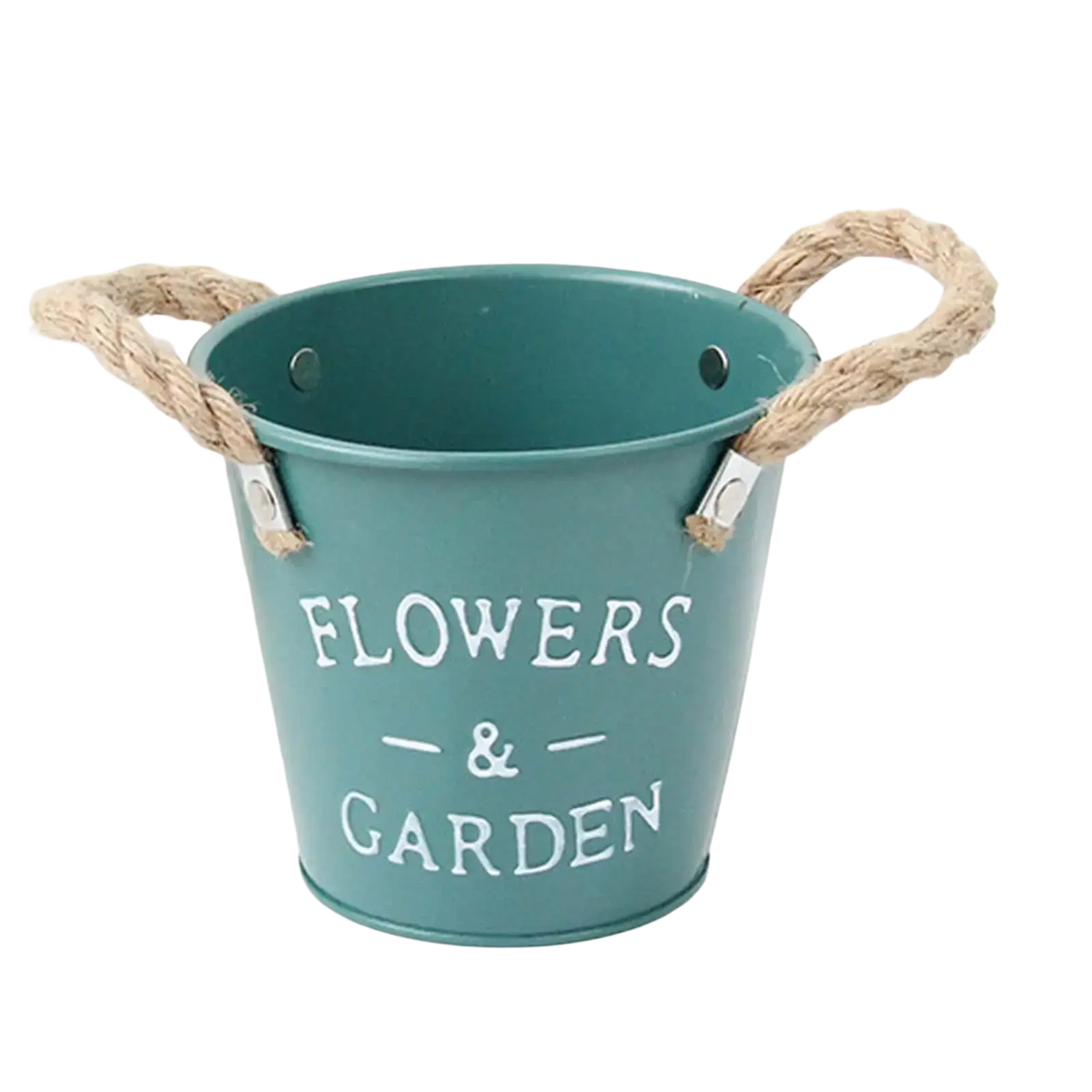 Teal metal rustic farmhouse flower pot with rope handles and flowers and garden lettering for garden plant decor