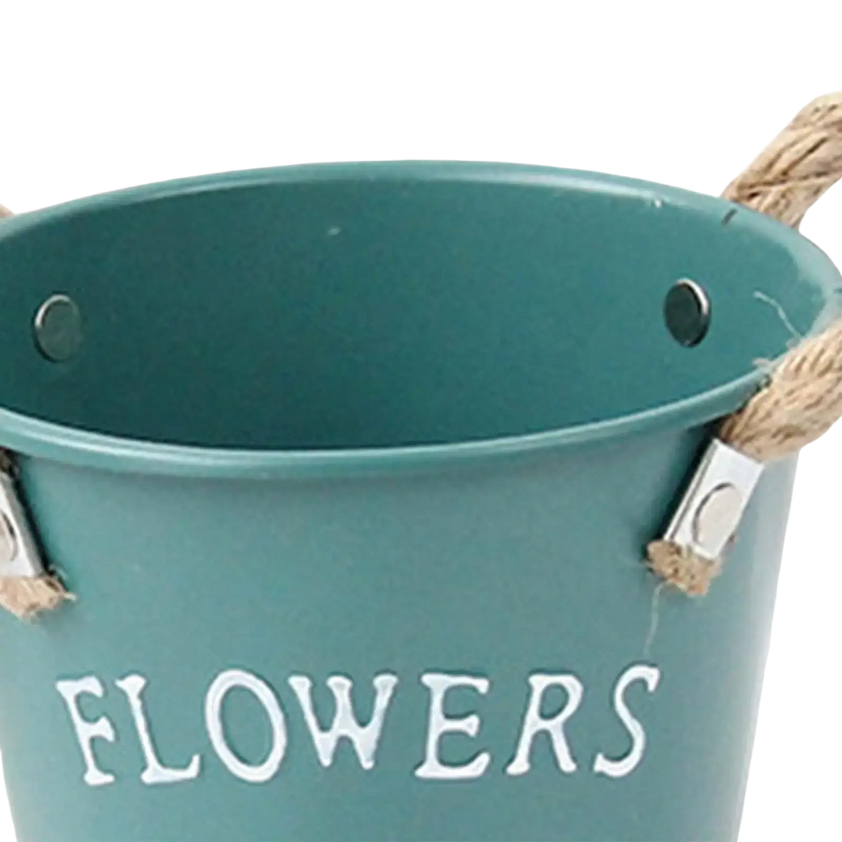 Teal metal flower pot with white lettering and natural jute rope handles for rustic farmhouse garden plant use