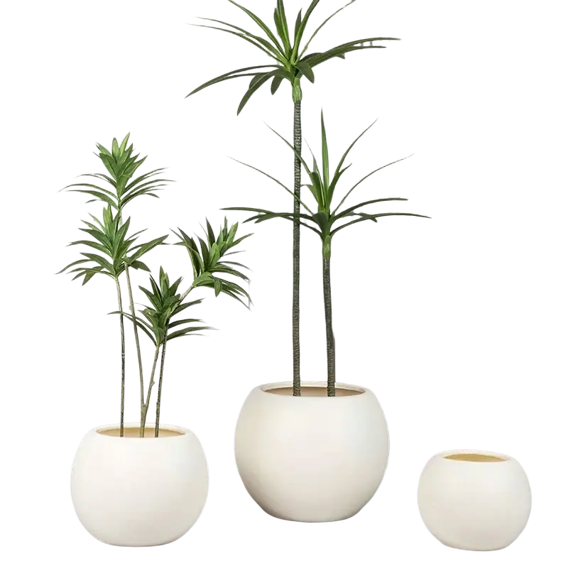 White spherical lightweight plastic flower pots with smooth matte finish and gold interior for home flower planting