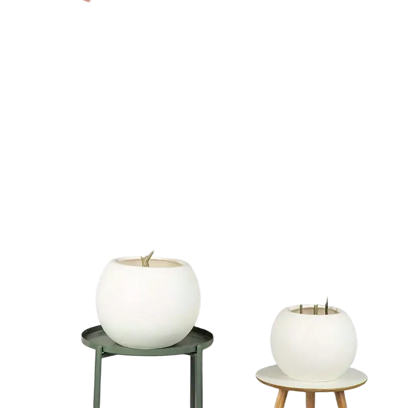 White ceramic spherical lightweight plastic flower pots with artificial green ferns for indoor outdoor flower planting