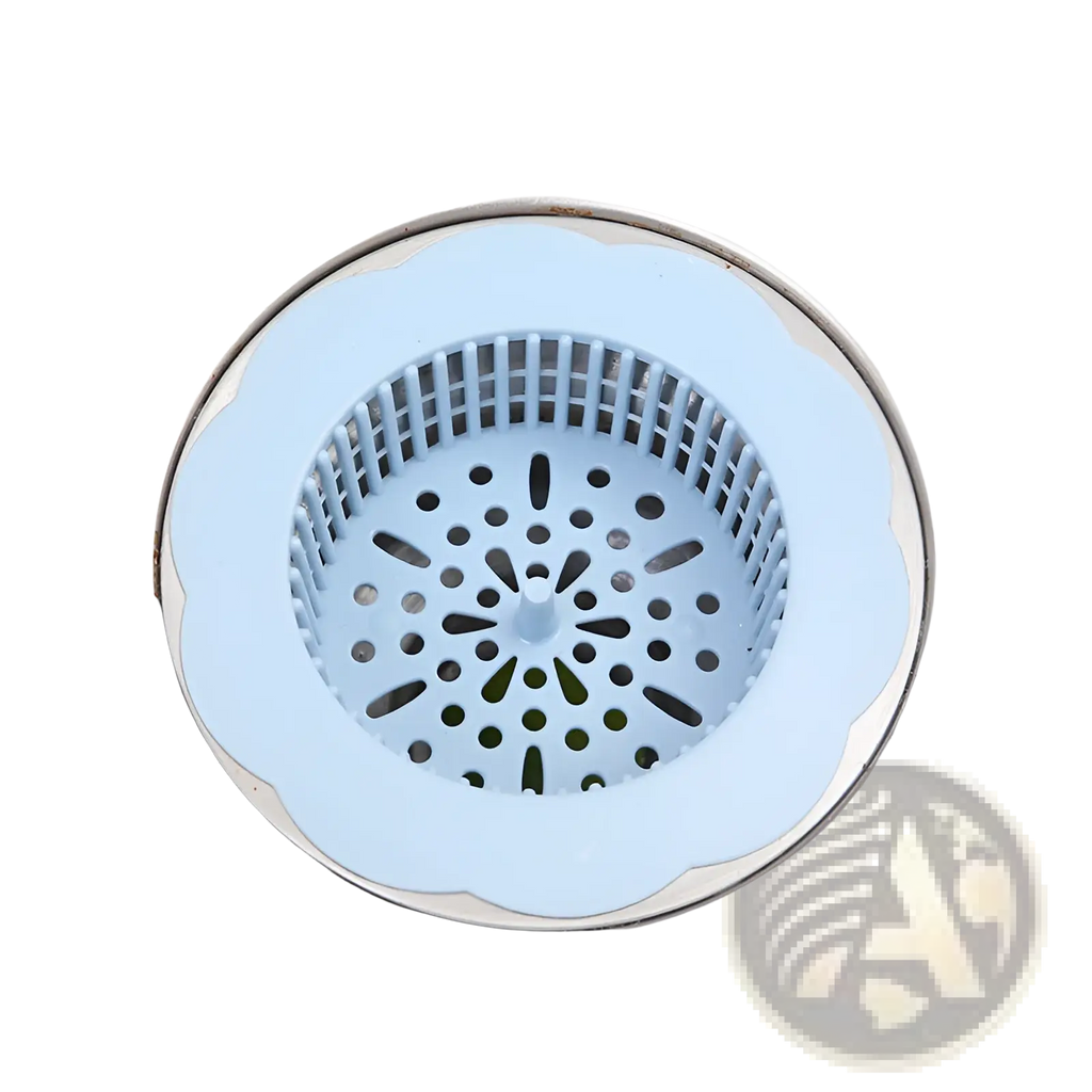 Light blue silicone flower sink strainer with scalloped edge and perforated design for kitchen drain plug filter