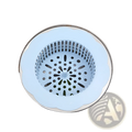 Light blue silicone flower sink strainer with scalloped edge and perforated design for kitchen drain plug filter