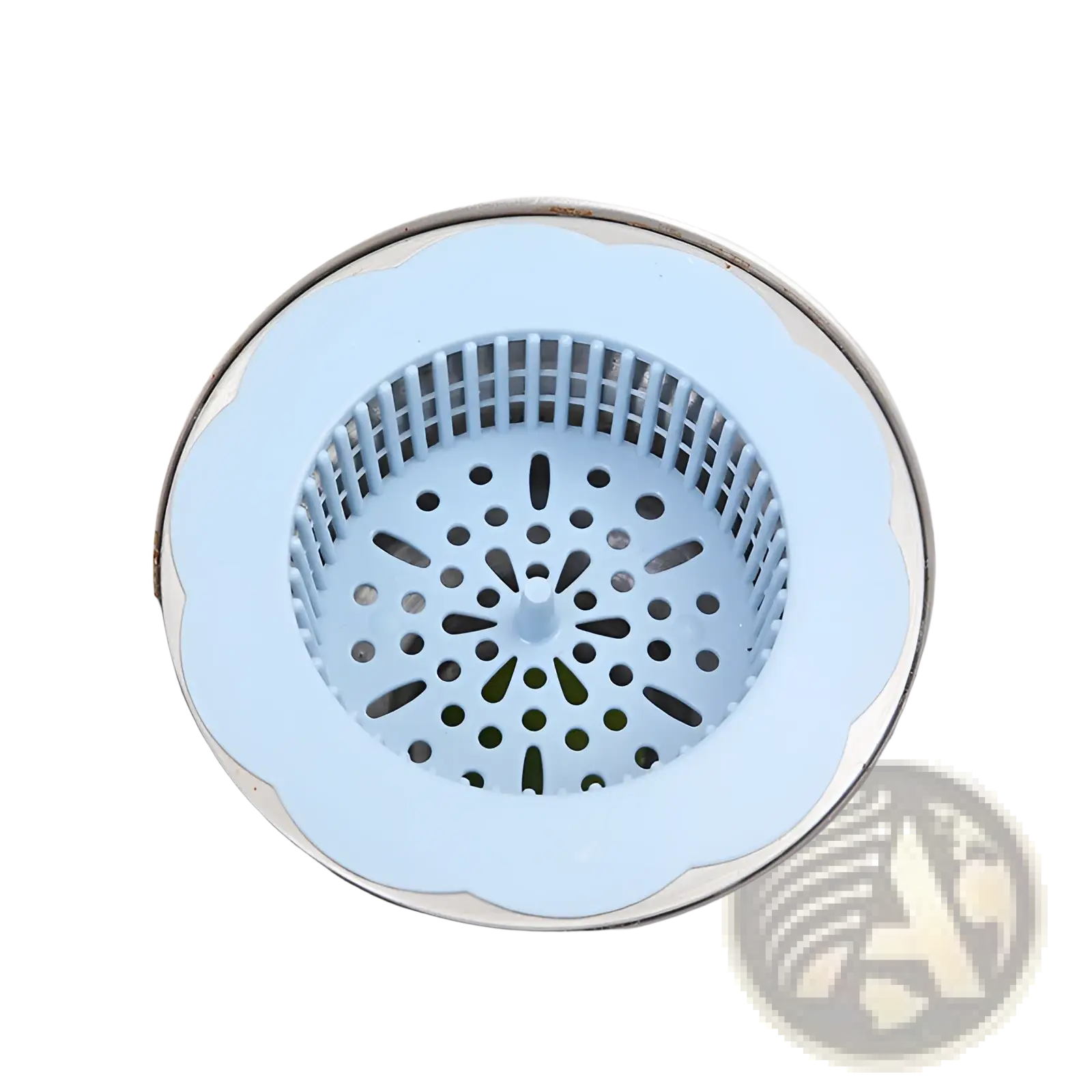 Light blue silicone flower sink strainer with scalloped edge and perforated design for kitchen drain plug filter