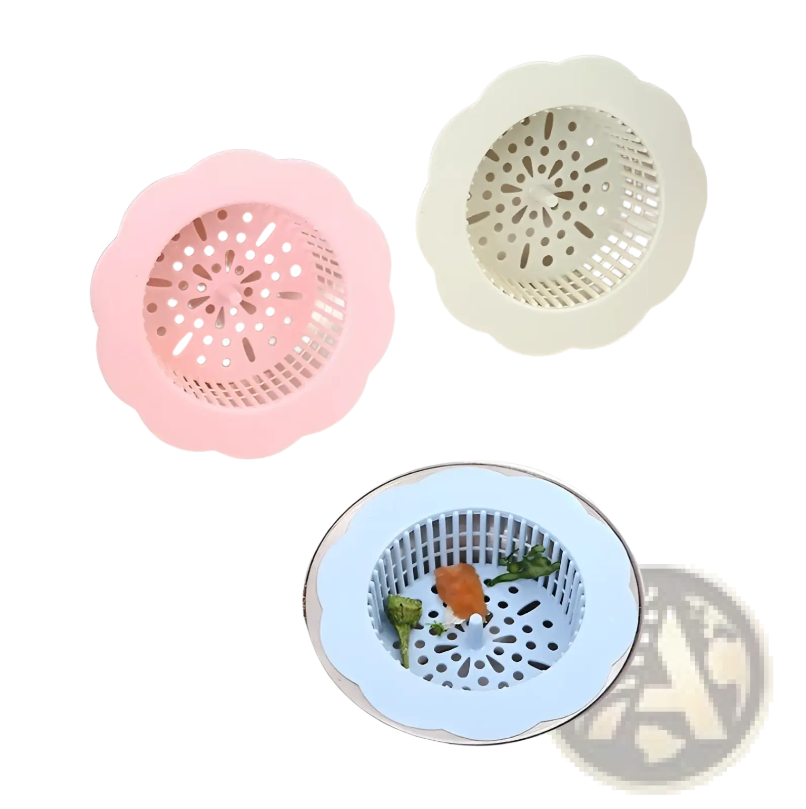 Pastel pink cream and light blue silicone flower sink strainers with scalloped edges and perforated designs 4 pack