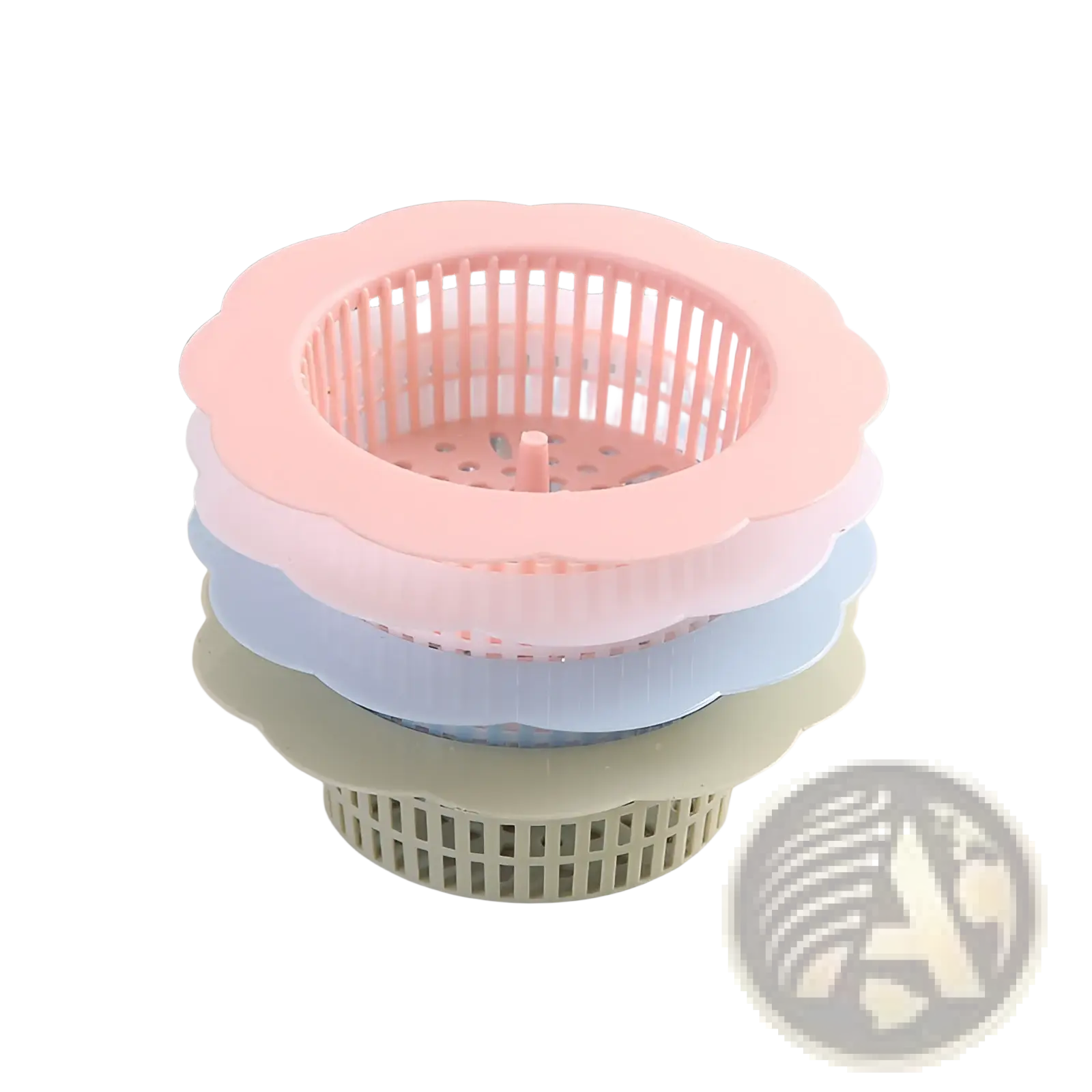 Stacked pastel-colored plastic flower sink strainers with scalloped edges and perforated designs 4 pack for kitchen drains