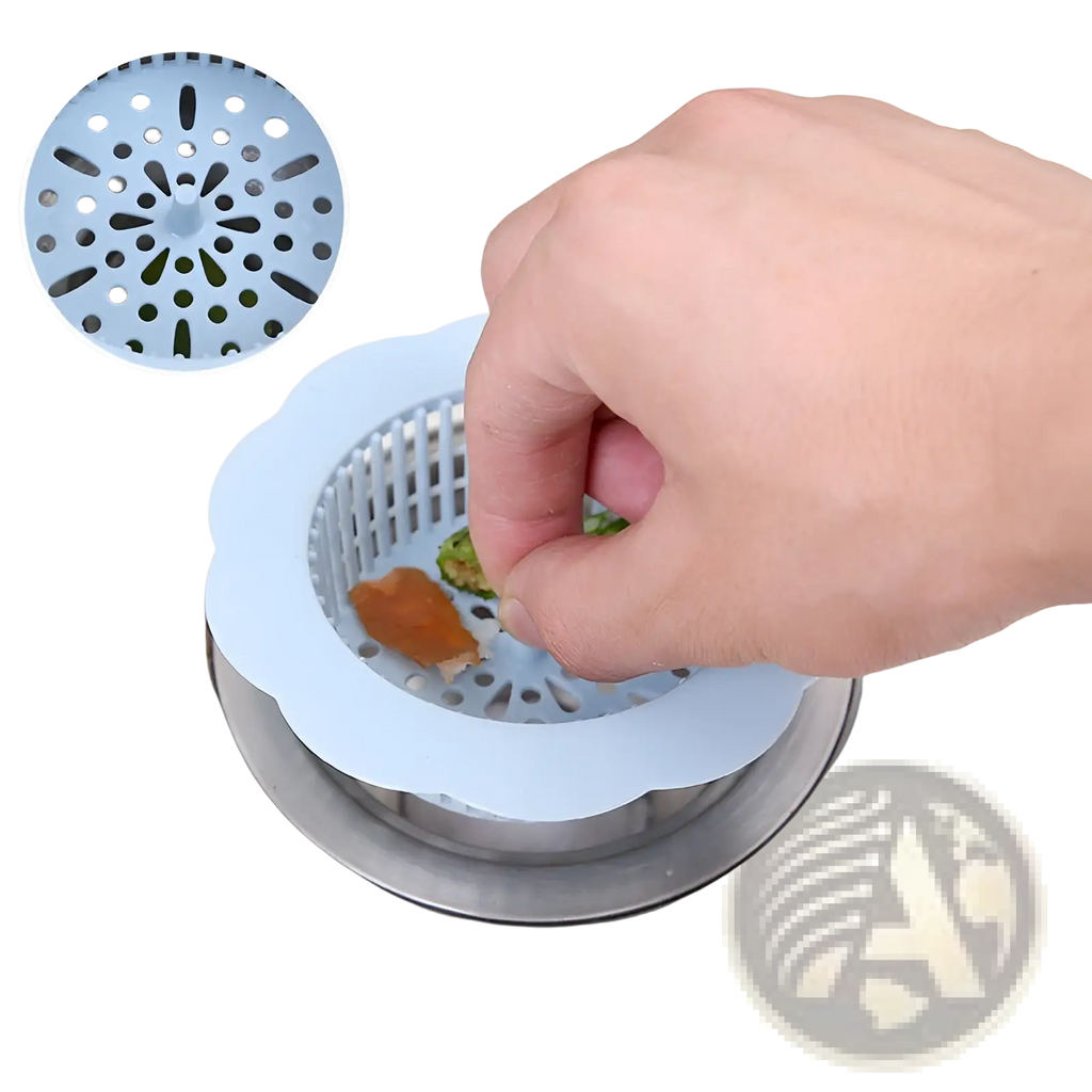 Light blue silicone flower sink strainer with scalloped edge and perforated design for kitchen drain plug filter