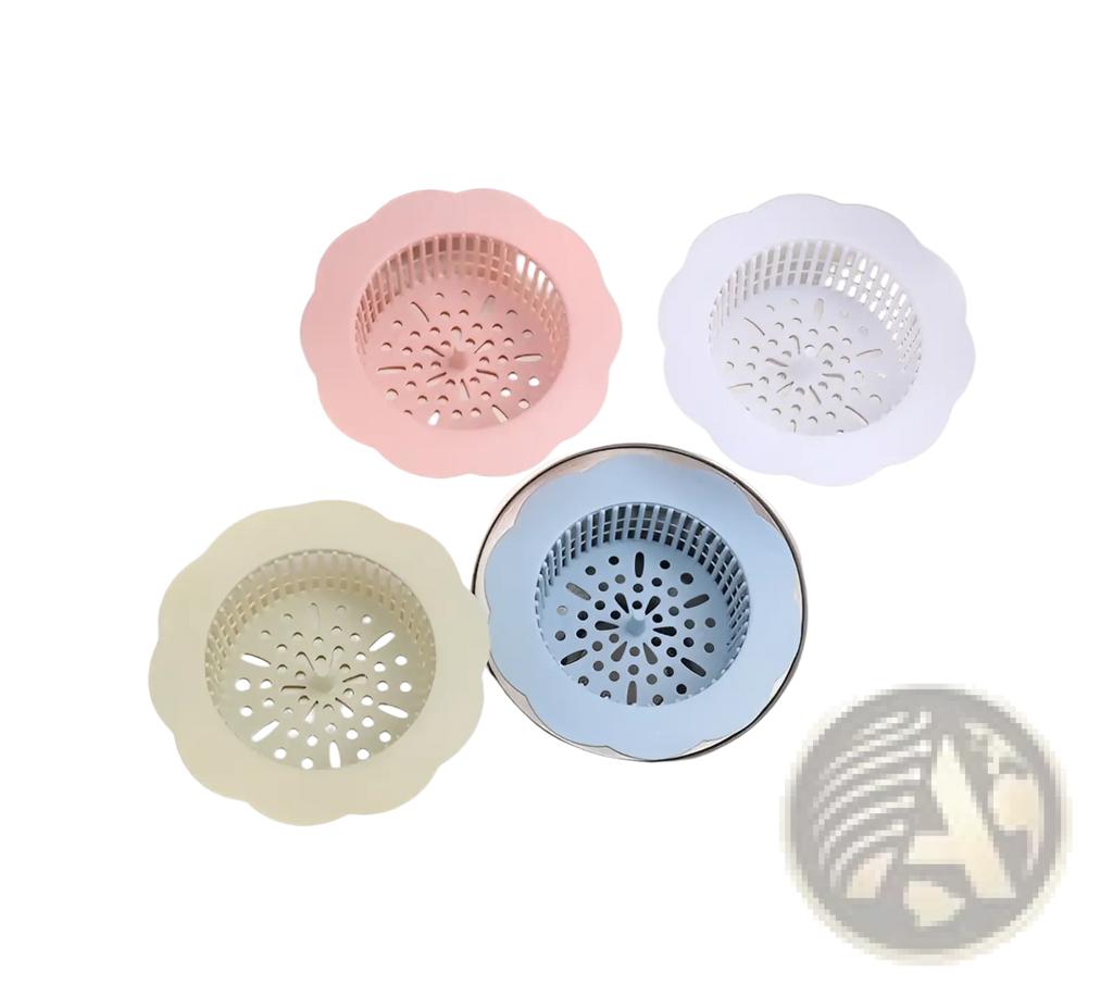 Pastel-colored silicone flower sink strainers with scalloped edges and perforated designs for kitchen drain filtration pack of 4
