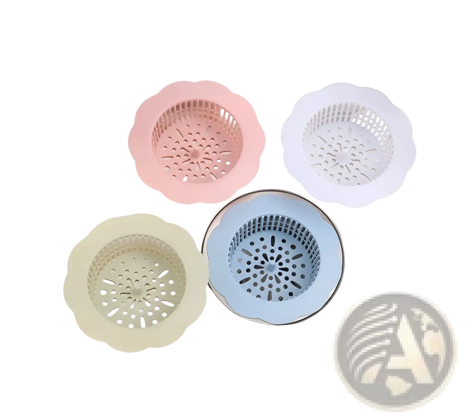 Pastel-colored silicone flower sink strainers with scalloped edges and perforated designs for kitchen drain filtration pack of 4