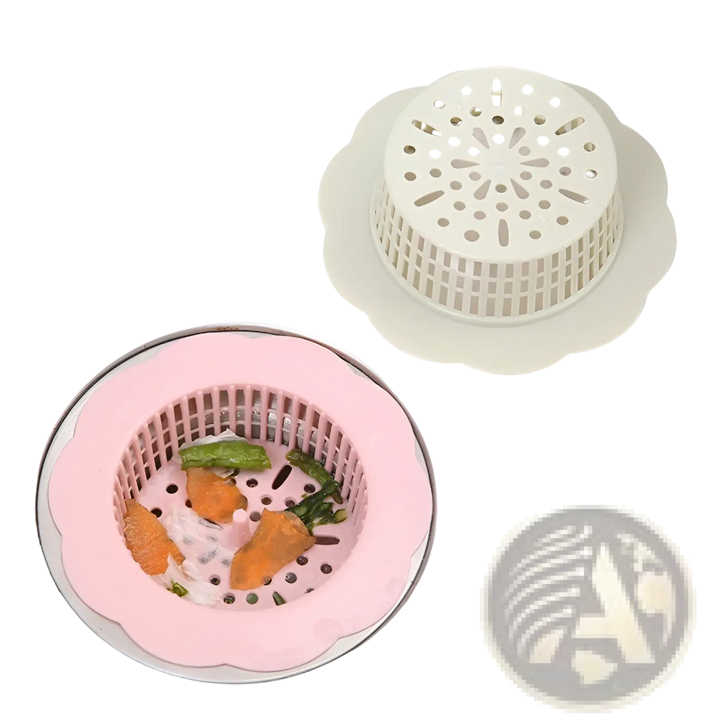 Pink and white plastic flower sink strainer with scalloped edges for kitchen drain plug filter 4 pack