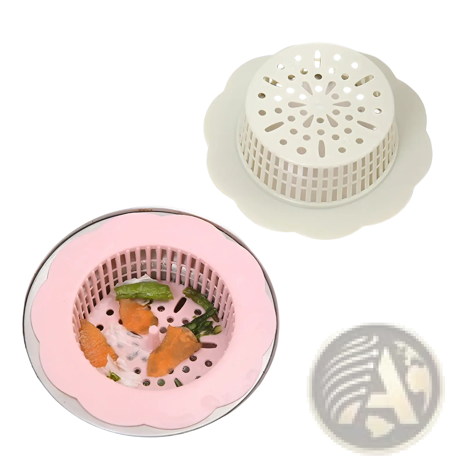 Pink and white plastic flower sink strainer with scalloped edges for kitchen drain plug filter 4 pack