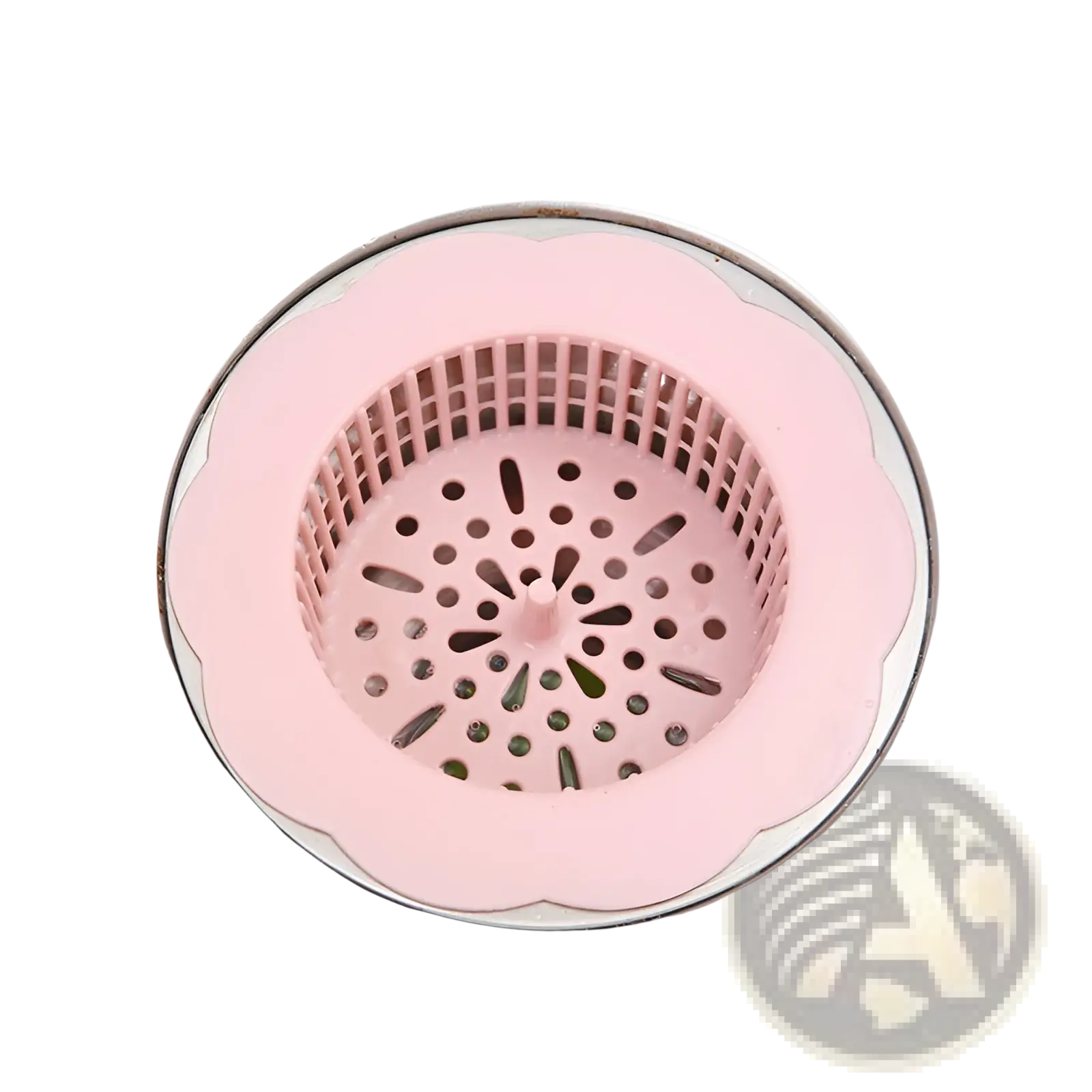Pink plastic flower shaped sink strainer with grid pattern and central hole for kitchen drain plug filter use