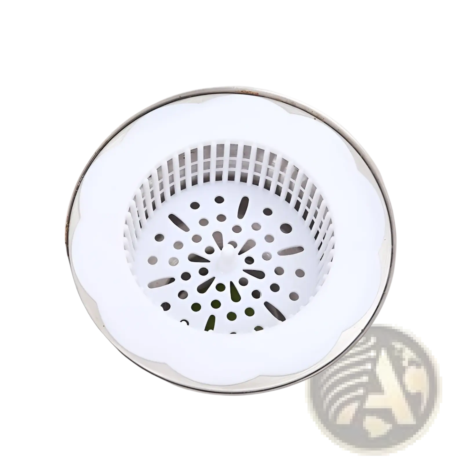 White plastic flower sink strainer with scalloped edge and patterned perforations for kitchen drain filter