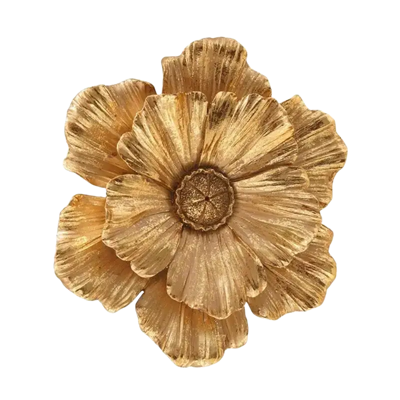 Golden 3d resin flower wall decor with intricately detailed petal relief and textured center floral accent sculpture