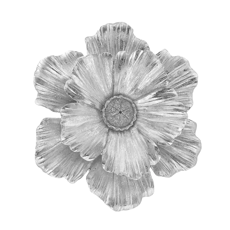 Silver metallic 3d resin flower wall decor with detailed petal relief and intricate multi-layered floral design