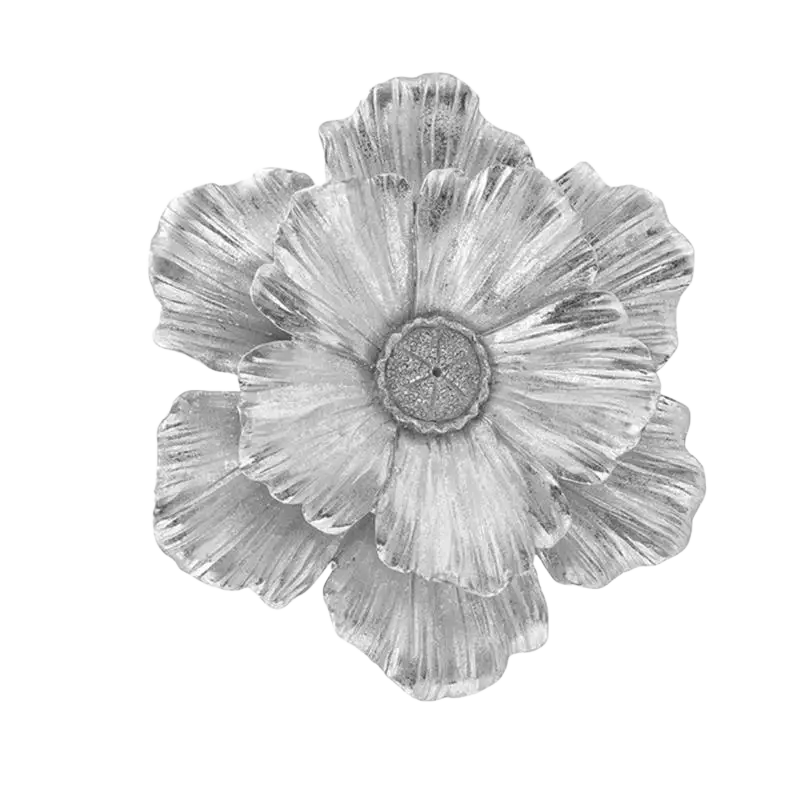 Silver metallic 3d resin flower wall decor with multi-layered petal relief and intricate floral accent design