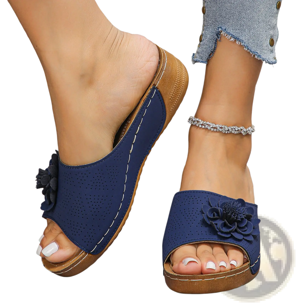 Blue perforated leather flower wedge sandals with brown wooden sole for retro beachwear