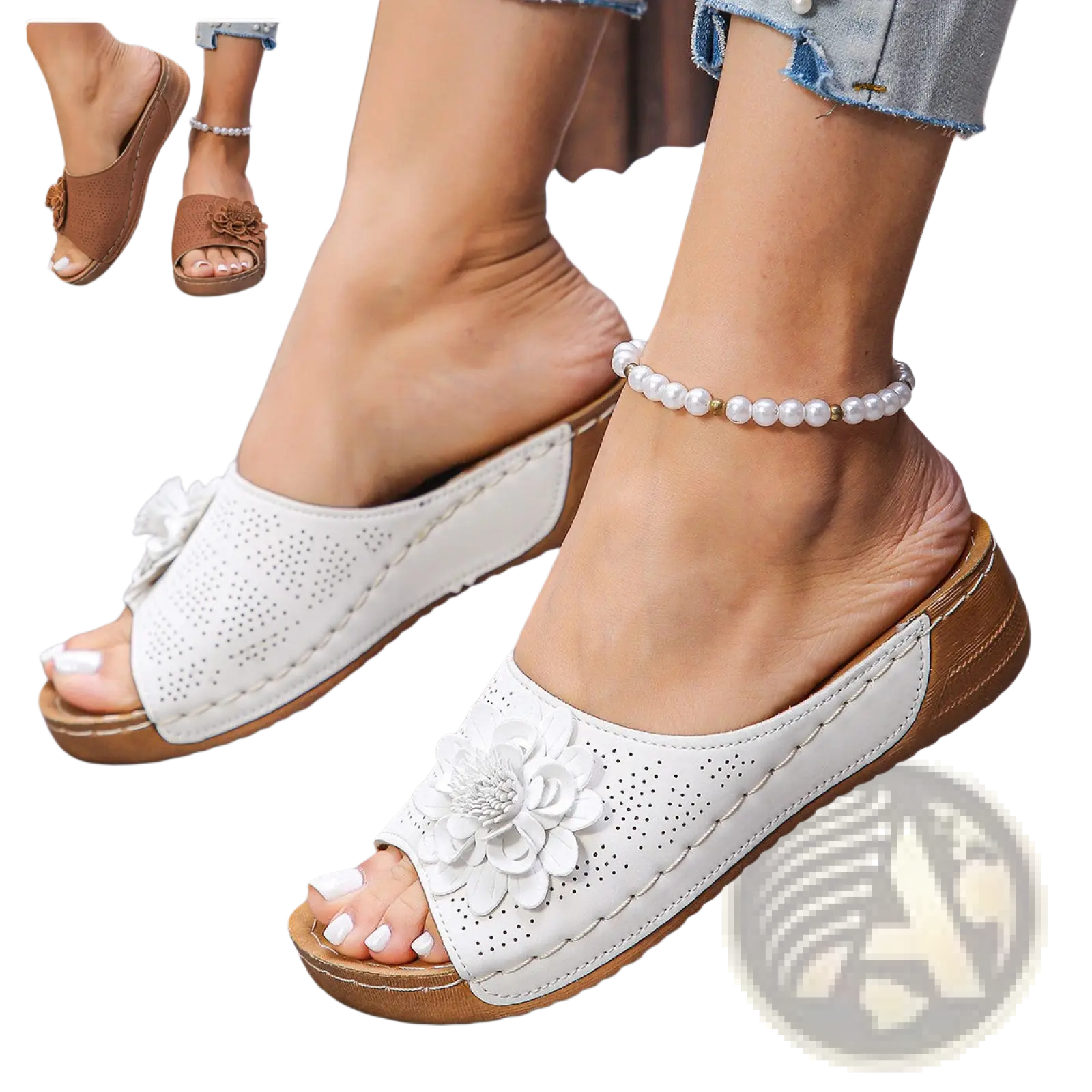 White leather flower wedge sandals with perforated design and large floral embellishment for retro beach style