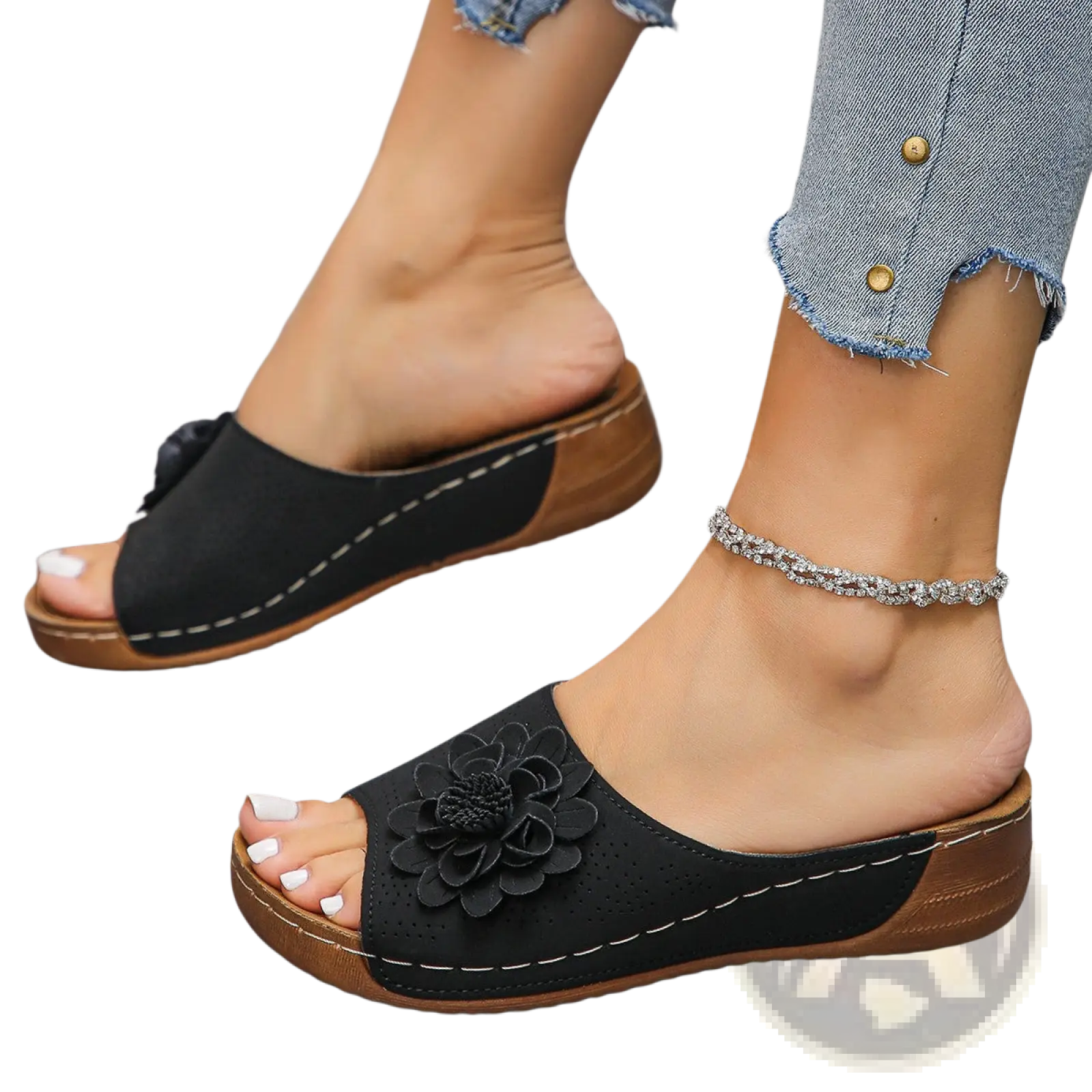Black floral slide sandals with brown rubber sole white stitching retro hollow leather beach shoes front view