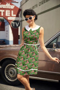 Retro green floral a line cotton dress with sleeveless design white peter pan collar and matching belt