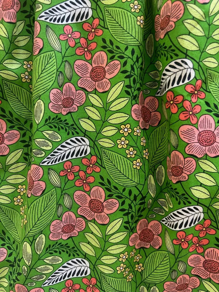 Retro green floral a line cotton dress with peter pan collar in vibrant green fabric with pink red yellow flowers and leaves