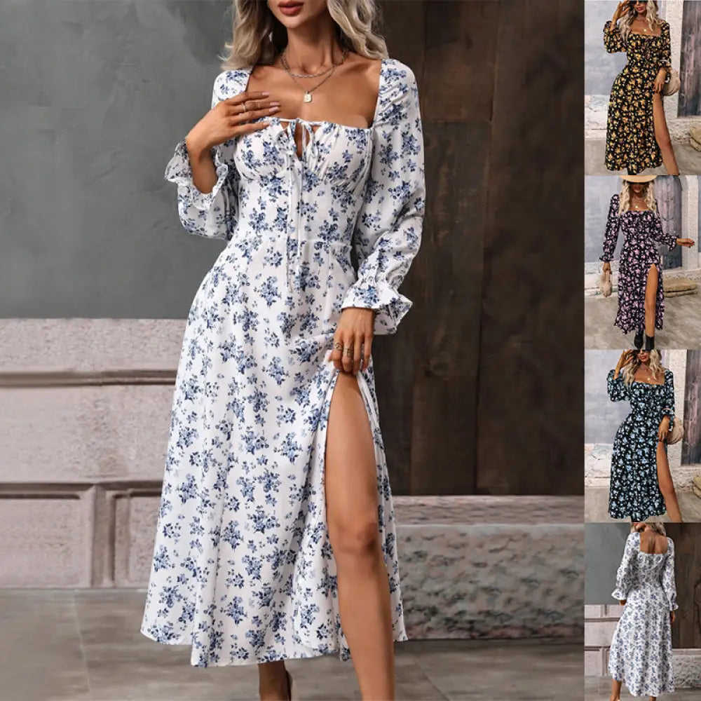 White floral print midi dress with long sleeves and square neckline featuring a slit for elegant occasions