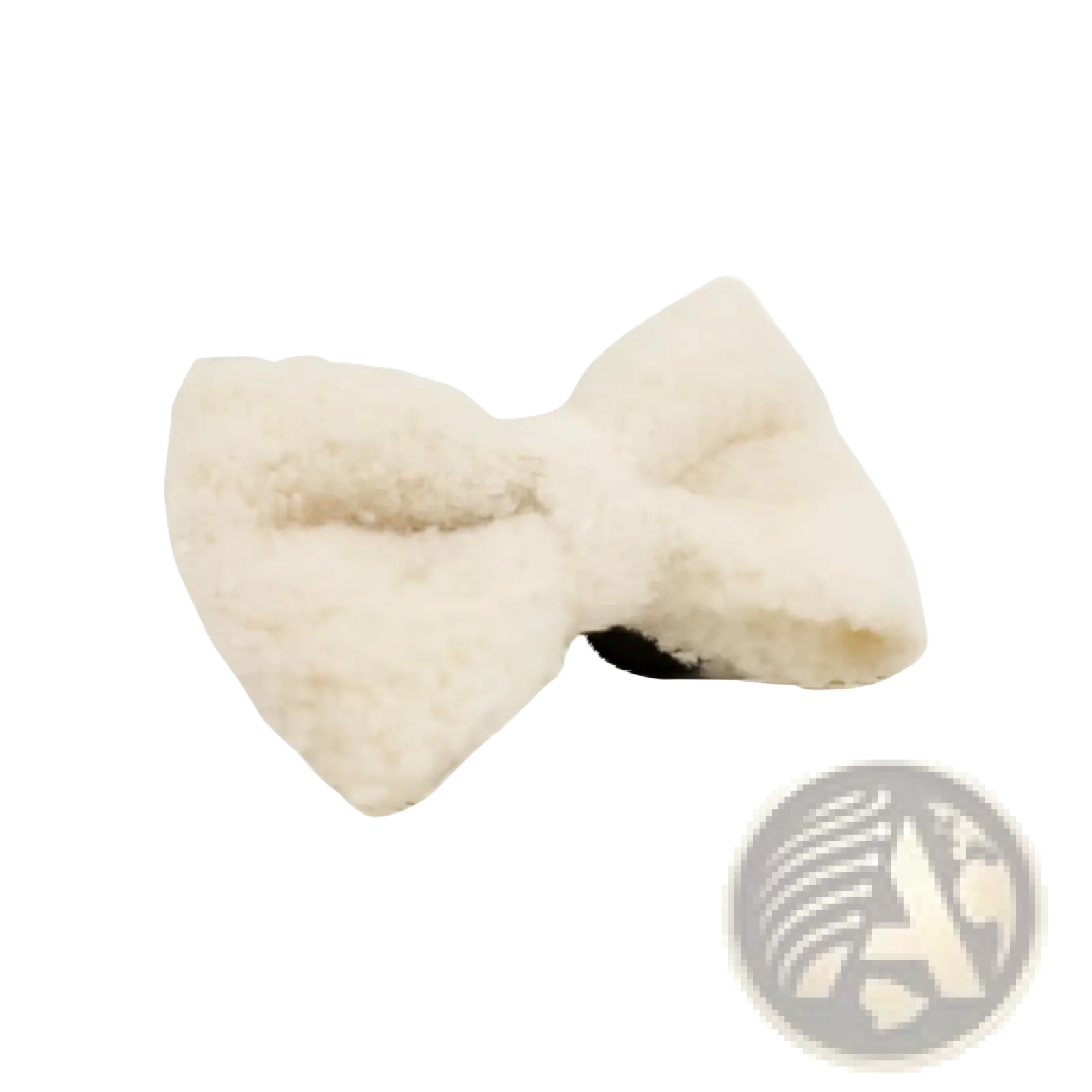 A fluffy cream-colored bow hair clip made of soft sheepskin with a textured surface for stylish hair styling