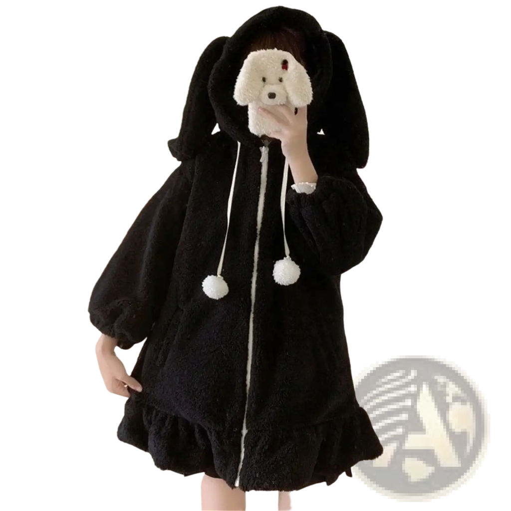 Black fluffy bunny ear zip up hoodie with white pom-pom drawstrings and ruffled hem in soft plush material